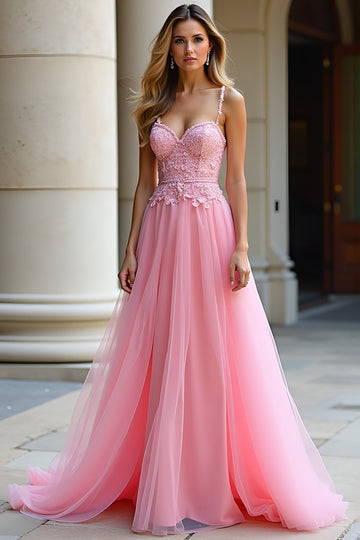 Une ligne spaghetti bretelles dentelle rose robe longue de bal